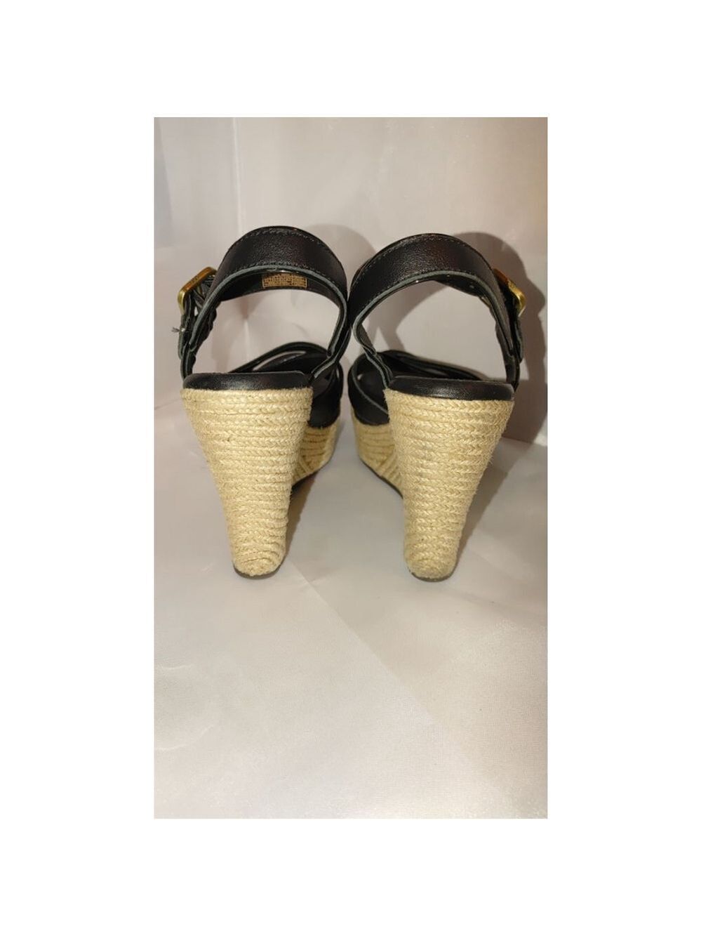 UGG Jackilyn Black Leather Espadrille Wedge Sandals Size 9.5 - Picture 7 of 8